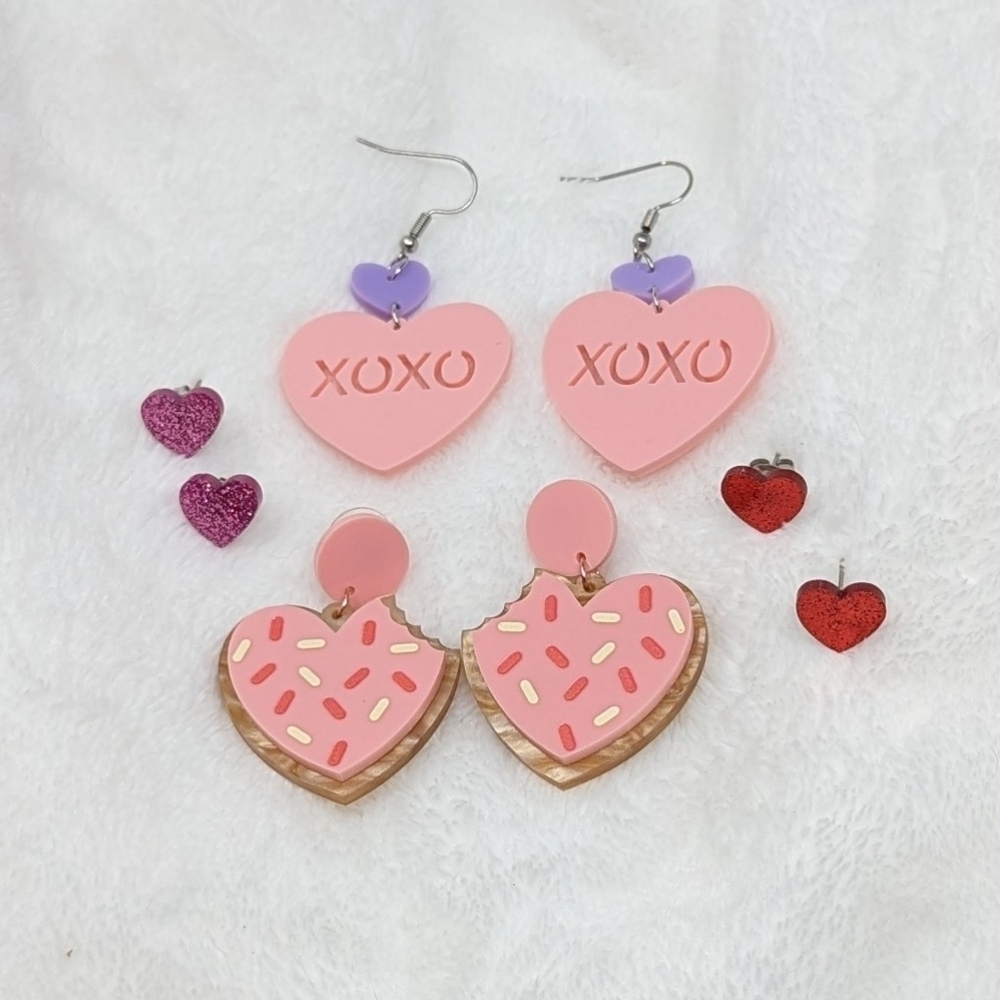 Heart Themed Bundle of 4 Earrings Stud and Drop Earrings Red and Pink